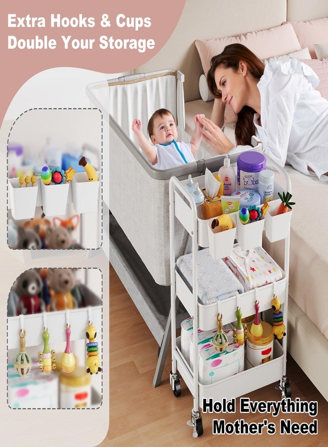Aofure Diaper Cart Organizer with Wheels, Baby Girl Newborn Essentials Must Haves, 3 Tier Rolling Bedside Cart for Nursery Stuff, Baby Organizers and Storage Diaper Caddy Carts for Changing Table, White - Image 2